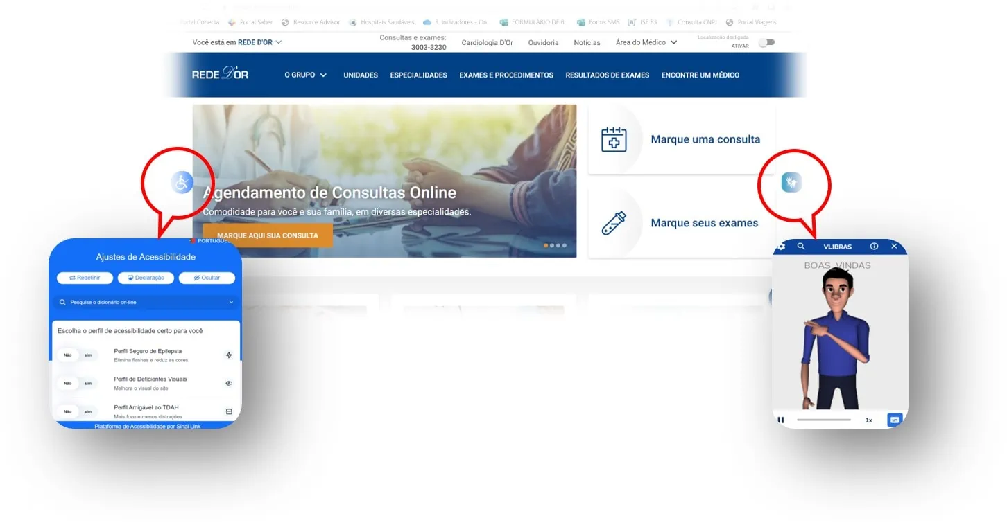Na imagem há um print da tela inicial do site da Rede D'Or e, em destaque, os ícones informados na matéria para acesso aos recursos de acessibilidade