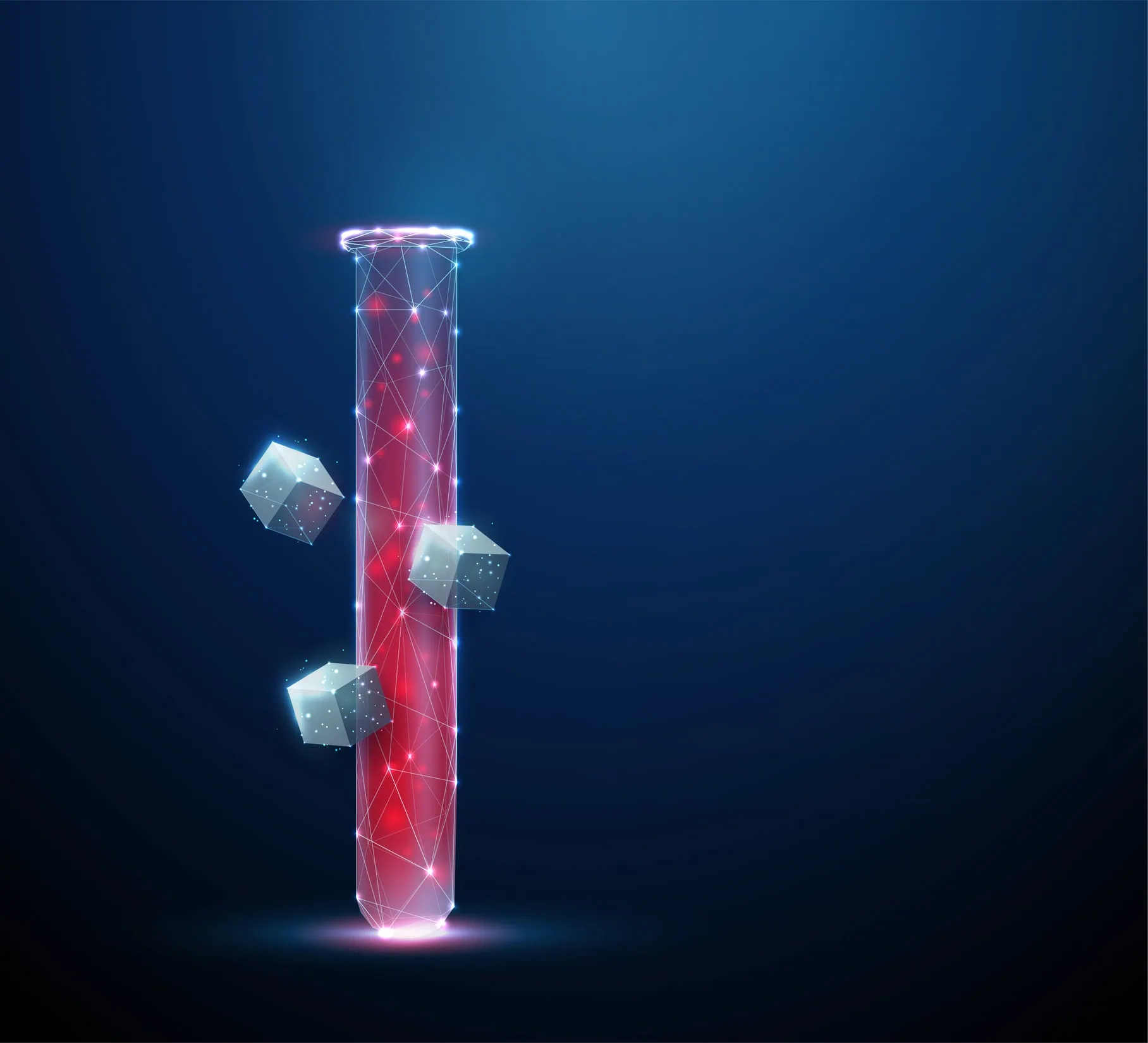 Low poly medical tube icon with red blood and falling white cubes of sugar. Diabetes and blood sugar test concept. Teste de Tolerância Oral à Glicose