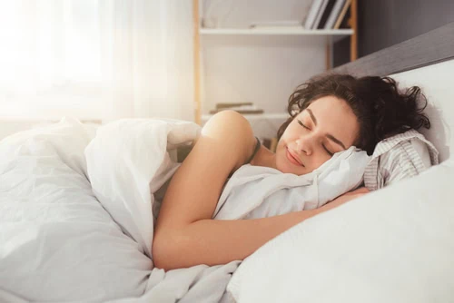 Feeling,Calmness.,Sleepy,Female,Keeping,Eyes,Closed,While,Dreaming,About