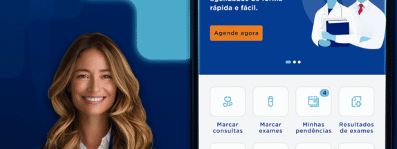 assistente virtual dora e página inicial do aplicativo para agendamentos e resultados de exames