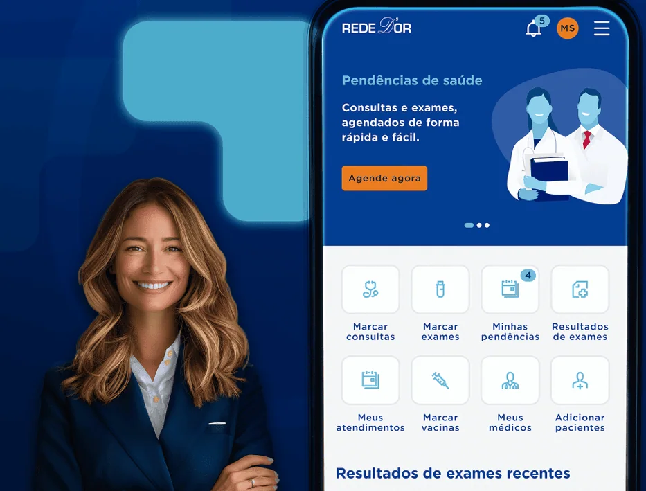assistente virtual dora e página inicial do aplicativo para agendamentos e resultados de exames
