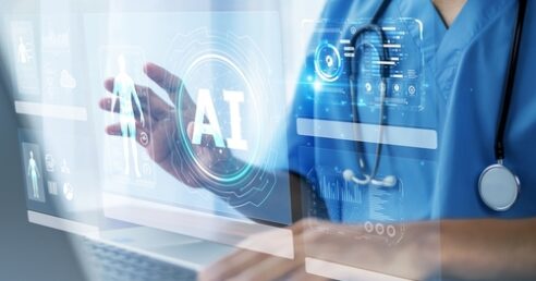 profissional de saúde usa um computador holográfico com a palavra IA (inteligência artificial)