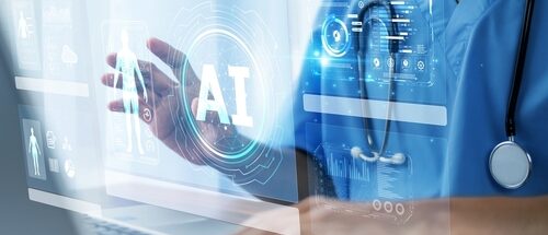 profissional de saúde usa um computador holográfico com a palavra IA (inteligência artificial)