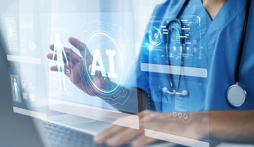 profissional de saúde usa um computador holográfico com a palavra IA (inteligência artificial)