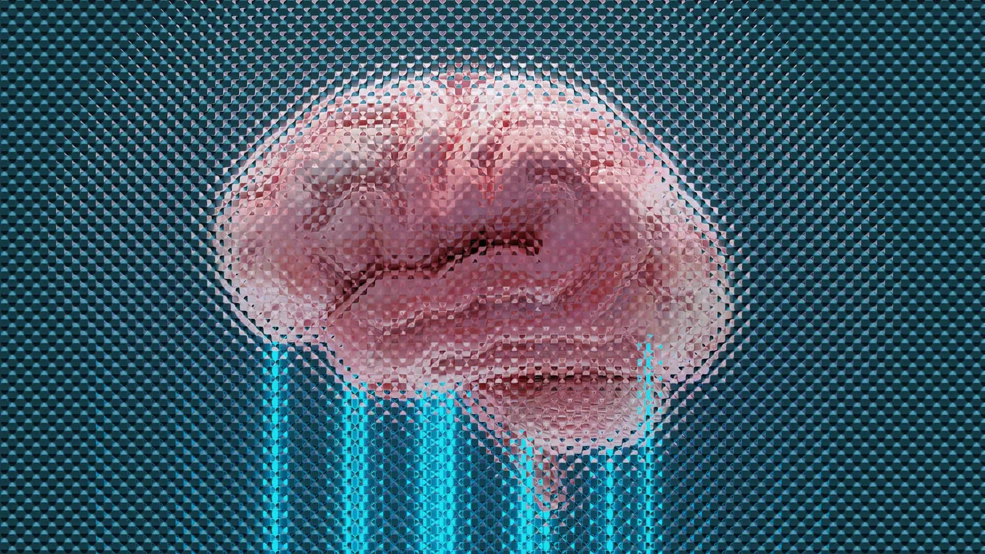 Imagem com fundo azul escuro, digital e pixelada, do cérebro humano na cor rosa, com linhas azuis brilhantes sustentando o cérebro.