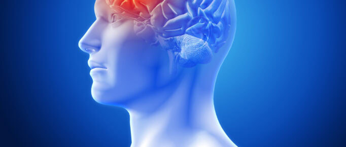 ALT: imagem representando o corpo humano, focando na parte cerebral, onde indica uma lesão.