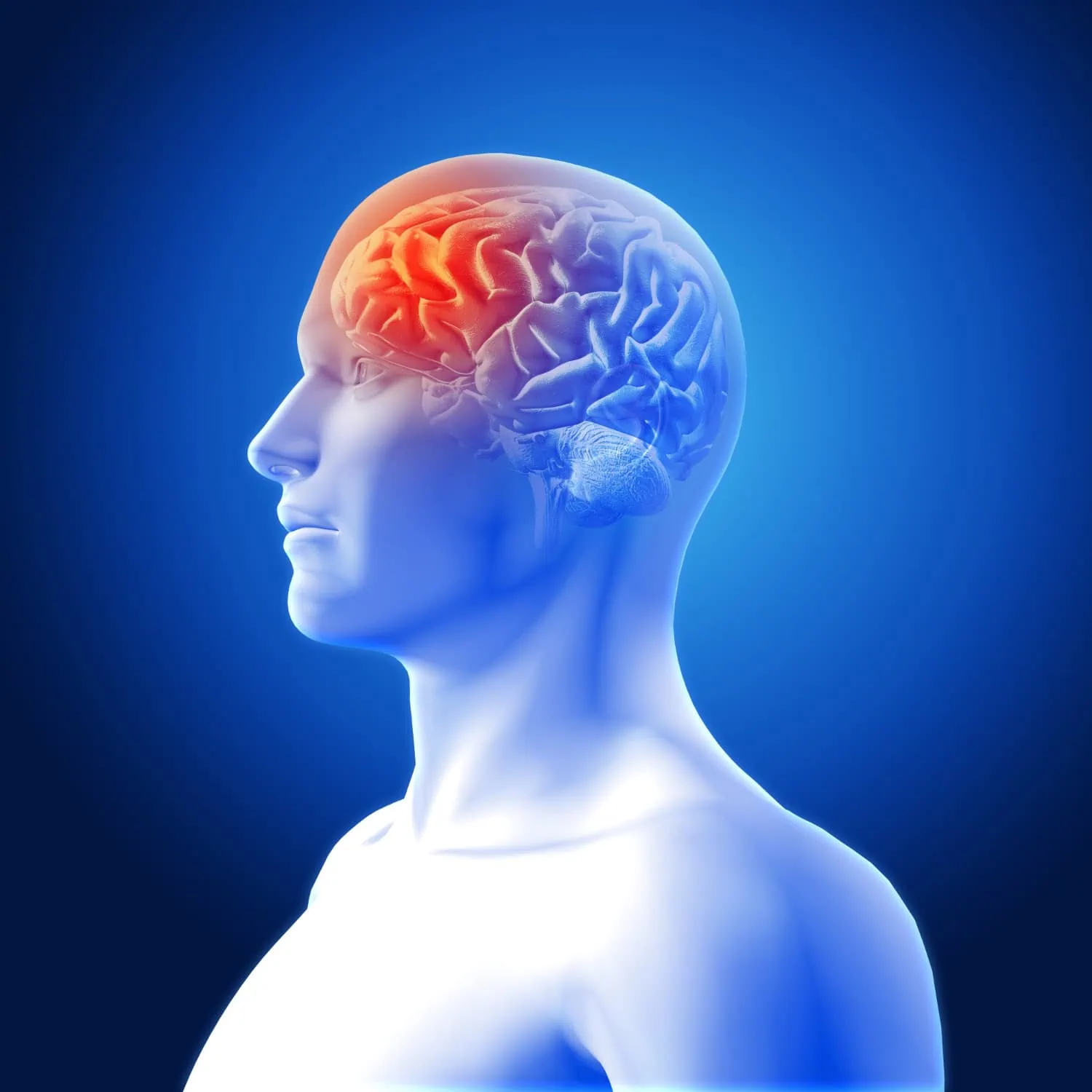 ALT: imagem representando o corpo humano, focando na parte cerebral, onde indica uma lesão.
