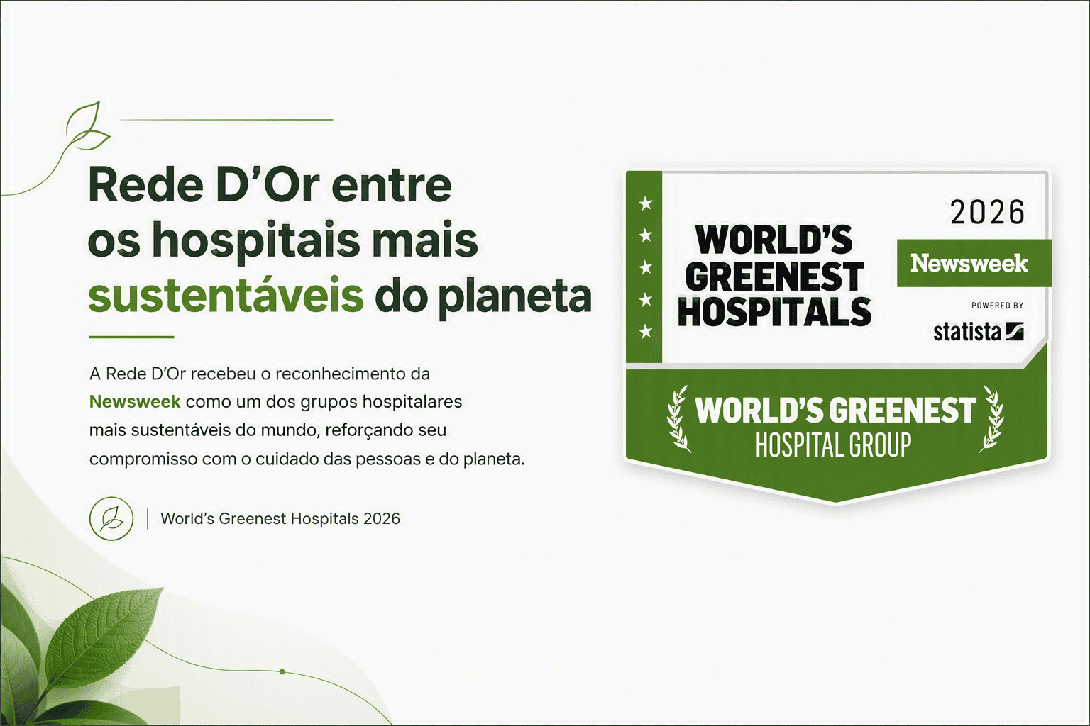Banner com o selo da newsweek. De hospitais mais sustentáveis do planeta