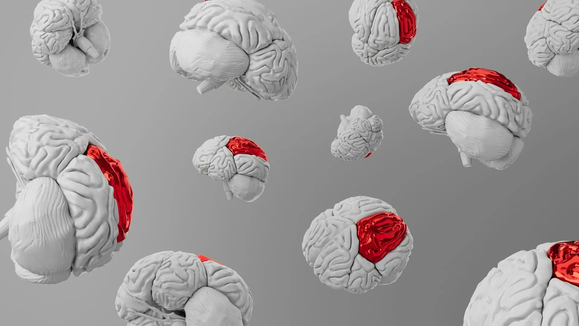 ALT: arte com vários desenhos de cérebros, formando uma estampa, onde os cérebros estão na cor branca, flutuando sobre fundo cinza, e com as meninges (membranas) destacadas coloridas em vermelho.
